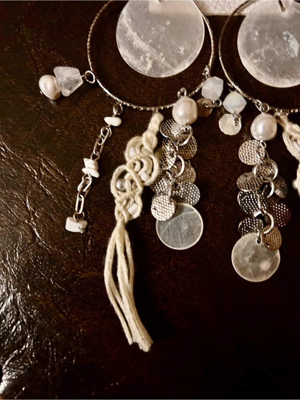 Free People Cream and Silver Boho Tassel Hoop Earrings NWOT - Picture 2 of 3
